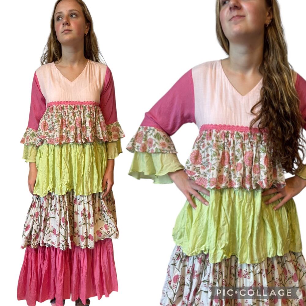 Pink Lemon tiered, layered bohemian style bell sleeves maxi dress pink yellow XS